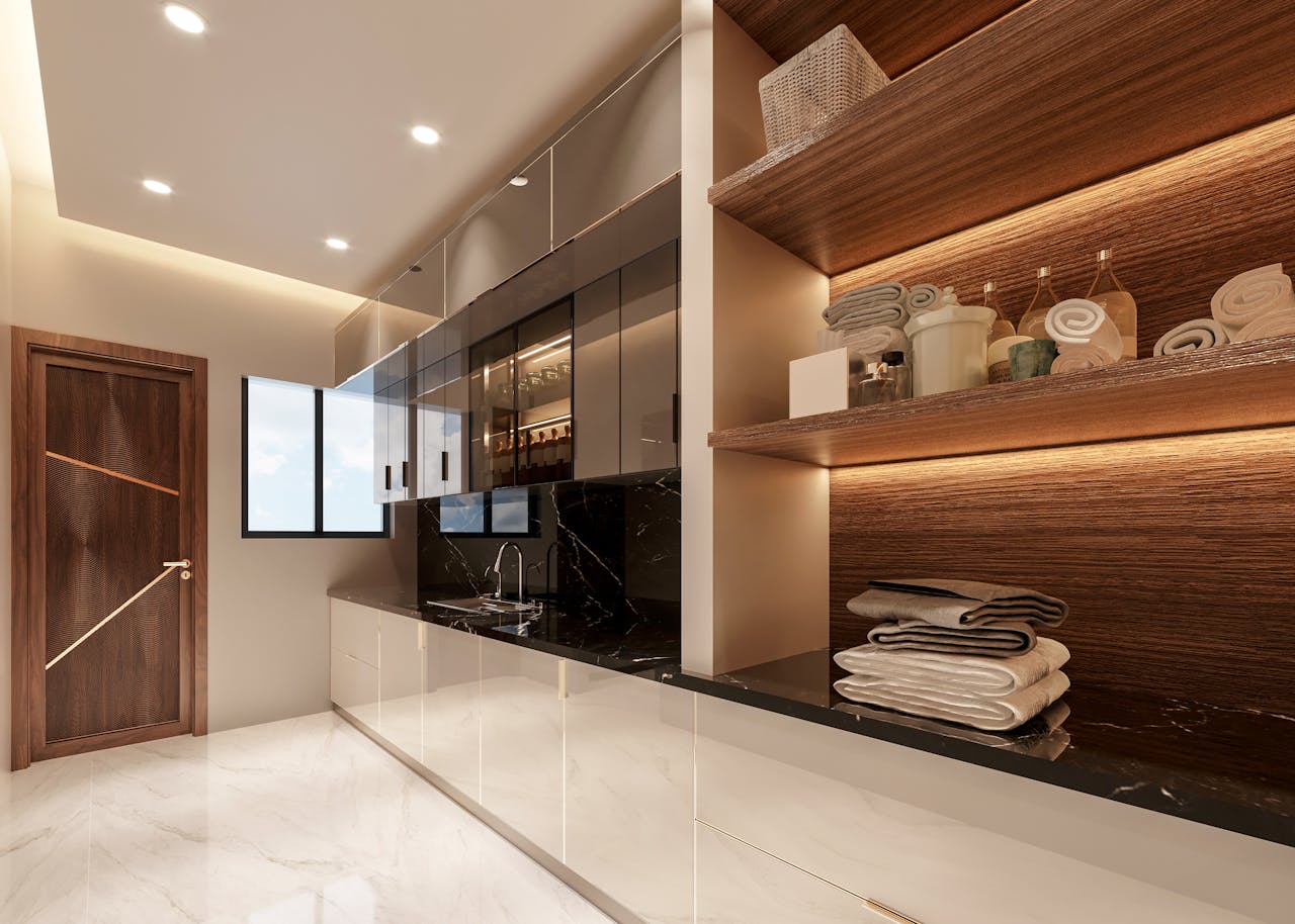 gallery-3 Sleek modern kitchen interior with glossy surfaces, wooden accents, and abundant natural lighting.