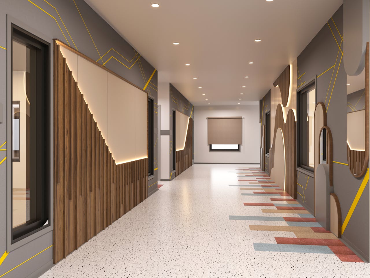 about-01 Sleek indoor corridor featuring contemporary geometric wall patterns and vibrant flooring.